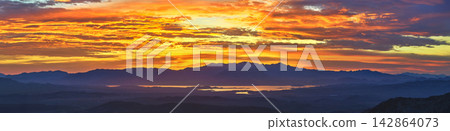 Aerial Sunrise Panorama Over Nevada Mountains and Desert Landscape Aerial Sunrise Panorama Over Nevada Mountains and Desert Landscape 142864073