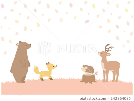 Autumn leaves and forest animals, autumn background illustration, pink Autumn leaves and forest animals, autumn background illustration, pink 142864085