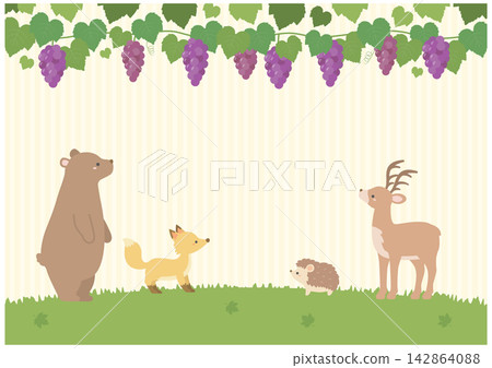 Autumn background with grapes and cute animals, yellow 142864088
