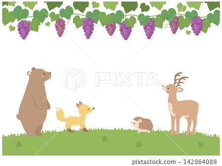 Autumn background with grapes and cute animals, white background 142864089