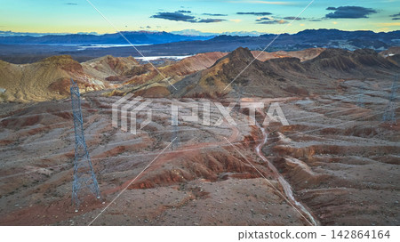 Aerial Lava Butte Desert Power Lines and Rugged Terrain near Las Vegas Nevada Aerial Lava Butte Desert Power Lines and Rugged Terrain near Las Vegas Nevada 142864164
