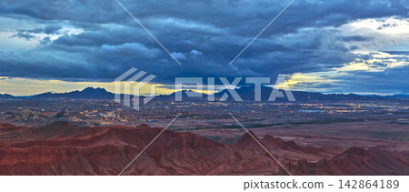Aerial Las Vegas Panorama Red Lava Butte Nevada Dramatic Sky Aerial Las Vegas Panorama Red Lava Butte Nevada Dramatic Sky 142864189
