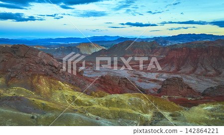 Aerial Multicolored Lava Butte Landscape Near Las Vegas Nevada at Sunrise 142864221