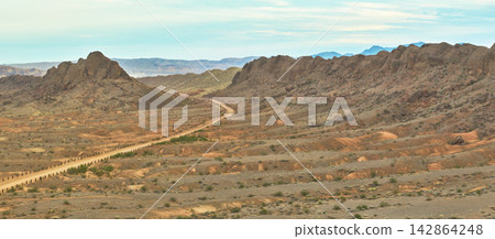 Aerial Sunrise Panorama of Lava Butte Road and Desert Landscape Nevada Aerial Sunrise Panorama of Lava Butte Road and Desert Landscape Nevada 142864248