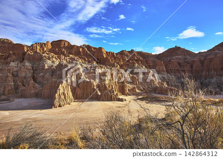 Cathedral Gorge State Park Rock Formations and Desert Landscape Under Blue Sky Cathedral Gorge State Park Rock Formations and Desert Landscape Under Blue Sky 142864312
