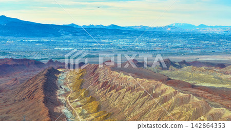 Aerial Sunrise Panorama of Lava Butte Mountains and Las Vegas Cityscape Aerial Sunrise Panorama of Lava Butte Mountains and Las Vegas Cityscape 142864353