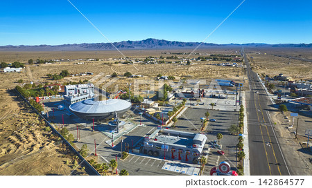 Aerial Alien Attraction Roadside Desert Highway in Baker California Aerial Alien Attraction Roadside Desert Highway in Baker California 142864577