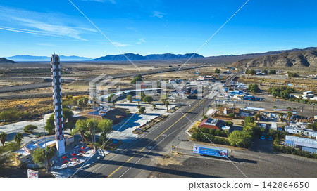 Aerial World's Tallest Thermometer Baker California Desert Highway Townscape 142864650
