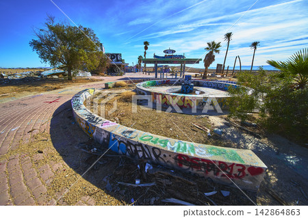 Abandoned Lake Dolores Water Park Graffiti Concrete Structures and Desert Landscape Abandoned Lake Dolores Water Park Graffiti Concrete Structures and Desert Landscape 142864863