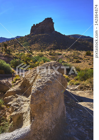 Desert Rock Formation and Sunlit Vegetation with Mesa Under Clear Blue Sky 142864874
