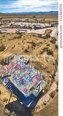 Aerial Abandoned Lake Dolores Water Park Graffiti Concrete Pad Desert California Aerial Abandoned Lake Dolores Water Park Graffiti Concrete Pad Desert California 142864956