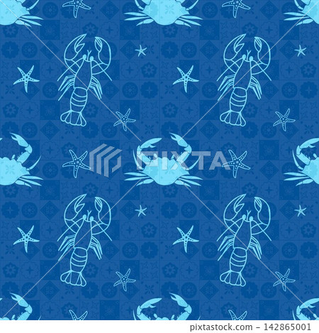 Seamless Marine Pattern with Crabs on Blue Checkered Seamless Marine Pattern with Crabs on Blue Checkered 142865001