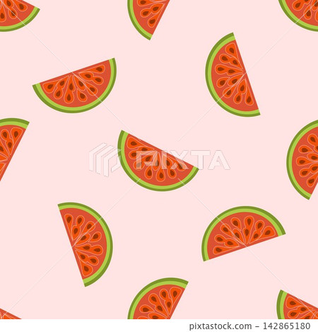 Vector seamless pattern with juicy watermelon slices on pink background. Fresh summer fruit background for textile, swimwear, wrapping, and wallpaper. Vector seamless pattern with juicy watermelon slices on pink background. Fresh summer fruit background for textile, swimwear, wrapping, and wallpaper. 142865180