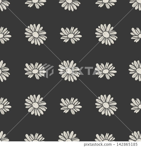 Vector seamless pattern with graphic daisy flowers on dark gray background. Vintage floral background for textile, cosmetic packaging, and wallpaper. Vector seamless pattern with graphic daisy flowers on dark gray background. Vintage floral background for textile, cosmetic packaging, and wallpaper. 142865185