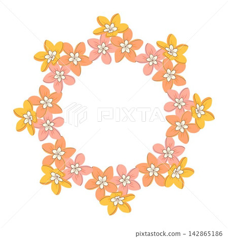 Vector illustration of a round plumeria flower wreath. Soft pastel floral border for wedding invitation, perfume label, spa logo, and cosmetics. Vector illustration of a round plumeria flower wreath. Soft pastel floral border for wedding invitation, perfume label, spa logo, and cosmetics. 142865186