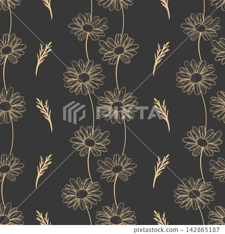 Vector seamless pattern with beige daisy floral line art on black background. Vintage botanical print for packaging, paper, textile, and card. 142865187