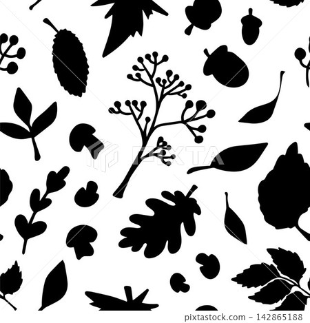 Vector seamless pattern with black autumn leaf silhouettes on white background. Fall botanical print for back to school, packaging, and paper. Vector seamless pattern with black autumn leaf silhouettes on white background. Fall botanical print for back to school, packaging, and paper. 142865188