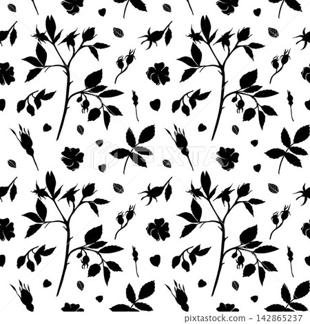 Vector seamless pattern with black silhouette rosehip branches, leaves, and flowers on white background. Botanical floral print for wrapping paper. 142865237
