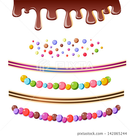 Vector confectionery set with melting chocolate drip, colorful sprinkles, and candy borders on white background. Sweet clipart for cake design. Vector confectionery set with melting chocolate drip, colorful sprinkles, and candy borders on white background. Sweet clipart for cake design. 142865244