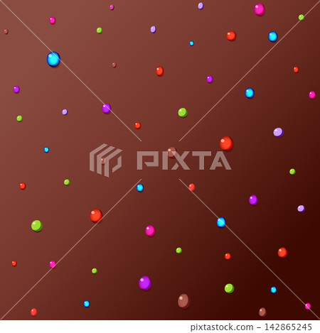Vector seamless pattern with colorful candy sprinkles on dark chocolate background. Sweet food print for bakery packaging, party, and celebration. Vector seamless pattern with colorful candy sprinkles on dark chocolate background. Sweet food print for bakery packaging, party, and celebration. 142865245