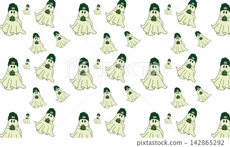 A seamless vector pattern featuring a spooky and playful Halloween theme on a clean white background. The pattern includes stylized jack-o'-lantern pumpkins in shades of dark purple, green, and black, A seamless vector pattern featuring a spooky and playful Halloween theme on a clean white background. The pattern includes stylized jack-o'-lantern pumpkins in shades of dark purple, green, and black, 142865292