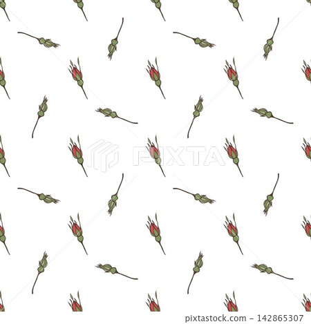 Minimalist vector seamless pattern with delicate rose buds. Sage green botanical background for cosmetic package, wellness branding, and floral tissue. Minimalist vector seamless pattern with delicate rose buds. Sage green botanical background for cosmetic package, wellness branding, and floral tissue. 142865307