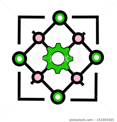 Technology and automation network icon featuring a green gear wheel inside a diamond-shaped neural network grid with green and pink nodes, framed by square corners, perfect for artificial intelligence Technology and automation network icon featuring a green gear wheel inside a diamond-shaped neural network grid with green and pink nodes, framed by square corners, perfect for artificial intelligence 142865685