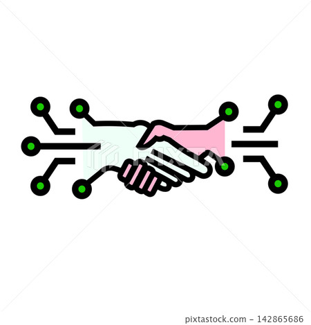 Digital handshake icon representing a technology partnership, featuring a pink hand shaking a white hand, integrated with circuit board lines and green electronic nodes, perfect for business cooperati Digital handshake icon representing a technology partnership, featuring a pink hand shaking a white hand, integrated with circuit board lines and green electronic nodes, perfect for business cooperati 142865686