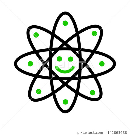 Cute atom structure icon with a happy smiling face in the center, featuring orbiting electron paths and green particle dots, ideal for playful science education, physics, chemistry, nanotechnology, an Cute atom structure icon with a happy smiling face in the center, featuring orbiting electron paths and green particle dots, ideal for playful science education, physics, chemistry, nanotechnology, an 142865688