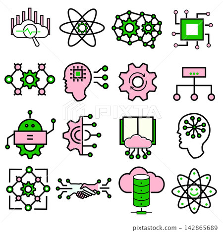 Artificial intelligence and technology line icon set featuring various conceptual symbols like machine learning, neural networks, robotics, data science, human brain interfaces, cloud computing, and a Artificial intelligence and technology line icon set featuring various conceptual symbols like machine learning, neural networks, robotics, data science, human brain interfaces, cloud computing, and a 142865689