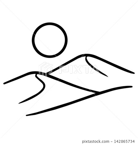 Simple desert dune line art under hot sun for kids coloring book page showing peaceful wild animal habitat nature scene Simple desert dune line art under hot sun for kids coloring book page showing peaceful wild animal habitat nature scene 142865734