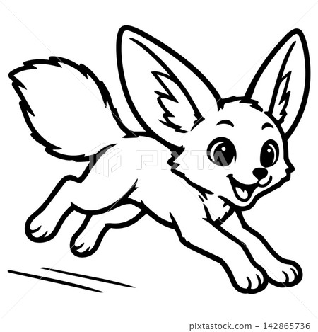 Cheerful cute fennec fox jumping with happy smile featured in line art page for kids animal coloring book project with fun desert wildlife character 142865736
