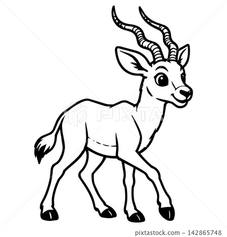 Cute happy gazelle antelope character walks with cheerful smile for kids animal coloring book page featuring simple wildlife outline art for creative fun Cute happy gazelle antelope character walks with cheerful smile for kids animal coloring book page featuring simple wildlife outline art for creative fun 142865748