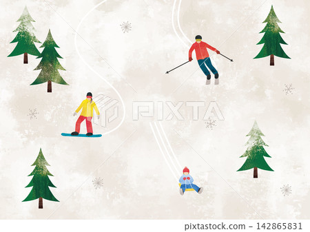 Watercolor painting of a ski slope with skiers, snowboarders, and sledders. Watercolor painting of a ski slope with skiers, snowboarders, and sledders. 142865831