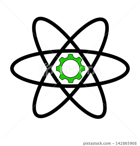 Atom science and engineering icon featuring a green gear wheel at the center of black orbital electron rings, representing nuclear technology, quantum mechanics, automation, industrial innovation, and Atom science and engineering icon featuring a green gear wheel at the center of black orbital electron rings, representing nuclear technology, quantum mechanics, automation, industrial innovation, and 142865908