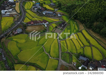 Aerial photograph capturing rice paddies and rural settlements in Hita City, Oita Prefecture. Aerial photograph capturing rice paddies and rural settlements in Hita City, Oita Prefecture. 142866090
