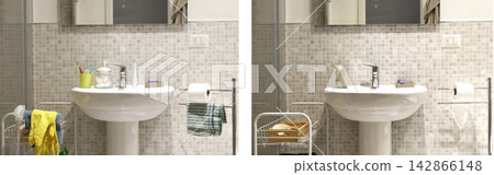 Bathroom cleaning before after comparison with organized space layout. Bathroom cleaning before after comparison with organized space layout. 142866148
