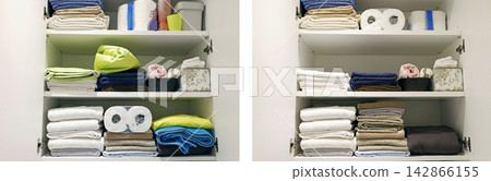 Bathroom cabinet cleaning before after result with aesthetic shelves. 142866155