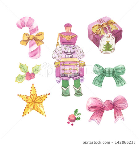 Watercolor nutcracker soldier with pink candy cane christmas gift star and ribbon bows illustration set. Elegant festive holiday traditional toy clip art elements collection for cards. Watercolor nutcracker soldier with pink candy cane christmas gift star and ribbon bows illustration set. Elegant festive holiday traditional toy clip art elements collection for cards. 142866235