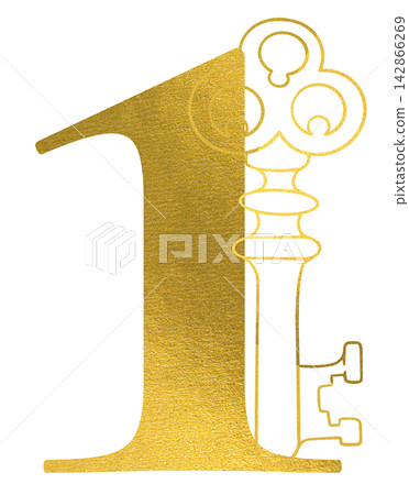 Golden number 1 digit with hand drawn outline vintage key illustration. Elegant luxury metallic gold numeral design element for festive invitations. Christmas winter holiday decoration clip art. Golden number 1 digit with hand drawn outline vintage key illustration. Elegant luxury metallic gold numeral design element for festive invitations. Christmas winter holiday decoration clip art. 142866269