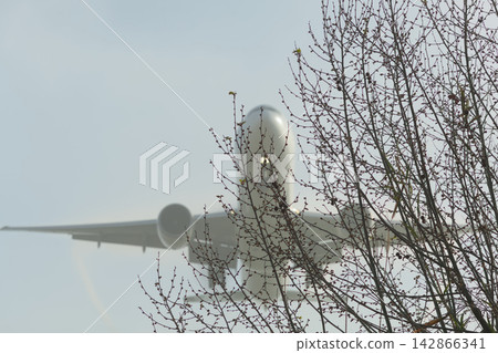Airplane flying behind bare tree branches Airplane flying behind bare tree branches 142866341