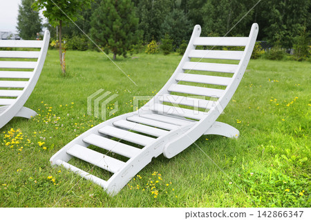 White wooden sun lounger on vibrant green lawn. Modern sustainable backyard garden resort patio landscaping design. Peaceful summer park hospitality relaxation nature background. White wooden sun lounger on vibrant green lawn. Modern sustainable backyard garden resort patio landscaping design. Peaceful summer park hospitality relaxation nature background. 142866347