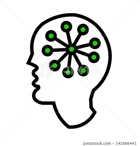 Artificial intelligence human mind icon featuring a human head profile with a centralized radial network of green nodes inside the brain area, perfect for machine learning, cognitive psychology, data Artificial intelligence human mind icon featuring a human head profile with a centralized radial network of green nodes inside the brain area, perfect for machine learning, cognitive psychology, data 142866441