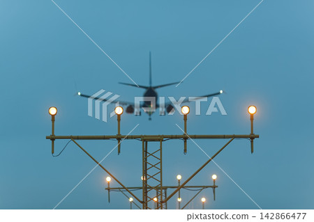 Airplane landing with runway lights Airplane landing with runway lights 142866477