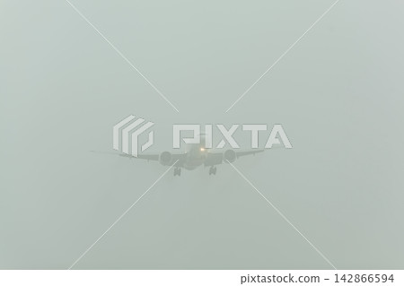 Airplane landing in thick fog Airplane landing in thick fog 142866594