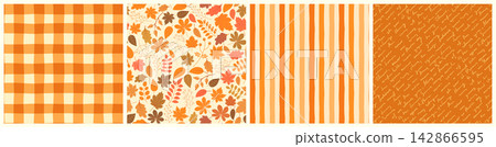 Autumn vector seamless patterns set with gingham, stripe, leaves and handwriting designs, Warm orange and brown colors fall and Thanksgiving backgrounds Autumn vector seamless patterns set with gingham, stripe, leaves and handwriting designs, Warm orange and brown colors fall and Thanksgiving backgrounds 142866595