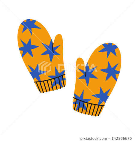 Bright orange mittens decorated with blue stars and striped cuffs, isolated on white. Playful winter vector illustration for children, holiday crafts, apparel and seasonal projects. Bright orange mittens decorated with blue stars and striped cuffs, isolated on white. Playful winter vector illustration for children, holiday crafts, apparel and seasonal projects. 142866670