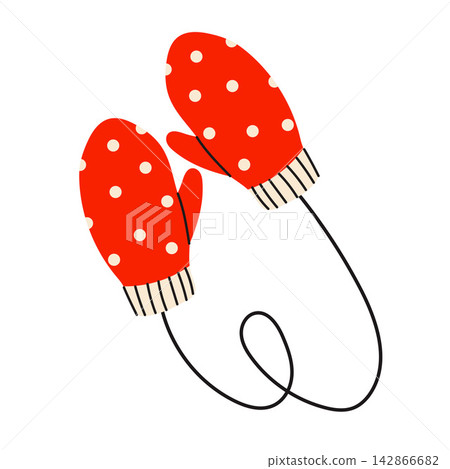 Cute red knitted mittens with cream polka dots, connected by a black string, isolated on white. Cozy winter vector illustration for seasonal designs. Cute red knitted mittens with cream polka dots, connected by a black string, isolated on white. Cozy winter vector illustration for seasonal designs. 142866682