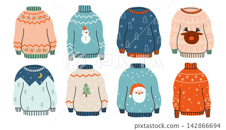 Set of eight cute knitted Christmas sweaters with snowmen, reindeer, trees, snowflakes and festive patterns, featuring colorful cozy designs isolated on white. 142866694