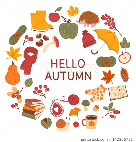 Autumn greeting card with Hello Autumn lettering surrounded by pumpkins, apples, leaves, mushrooms, acorns, scarf, boots, books, umbrella, hedgehog and cozy seasonal elements. Autumn greeting card with Hello Autumn lettering surrounded by pumpkins, apples, leaves, mushrooms, acorns, scarf, boots, books, umbrella, hedgehog and cozy seasonal elements. 142866751